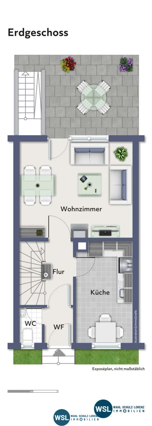 Grundriss-Illustration Erdgeschoss Reihenmittelhaus N�rtingen